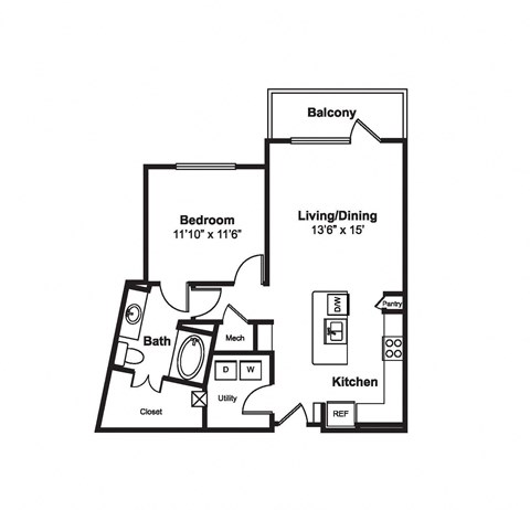 Floor plan for 1 bed, 1 bath, 798 sqft